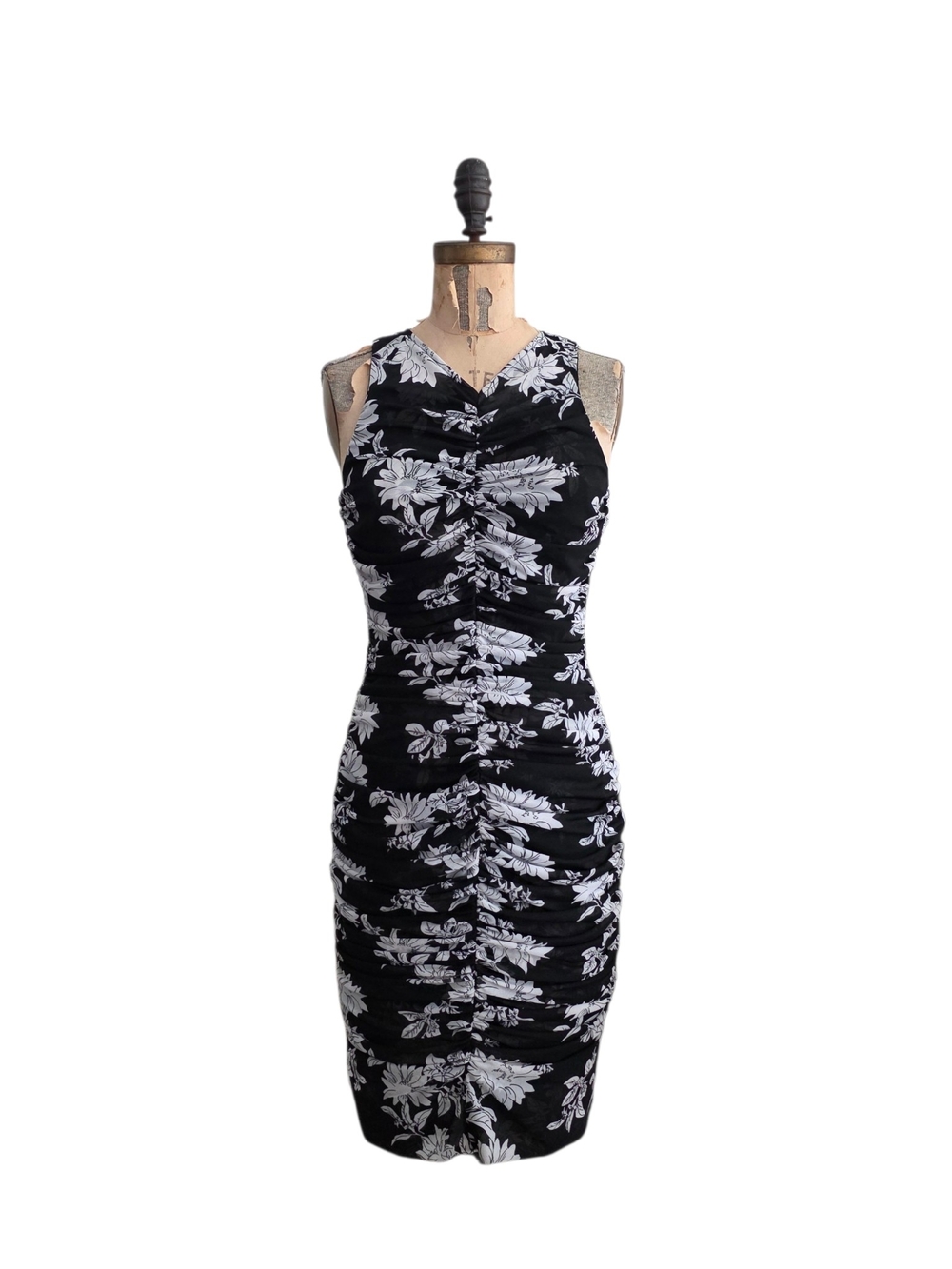 WHBM Ruched Floral Mesh Sheath Dress Black White S